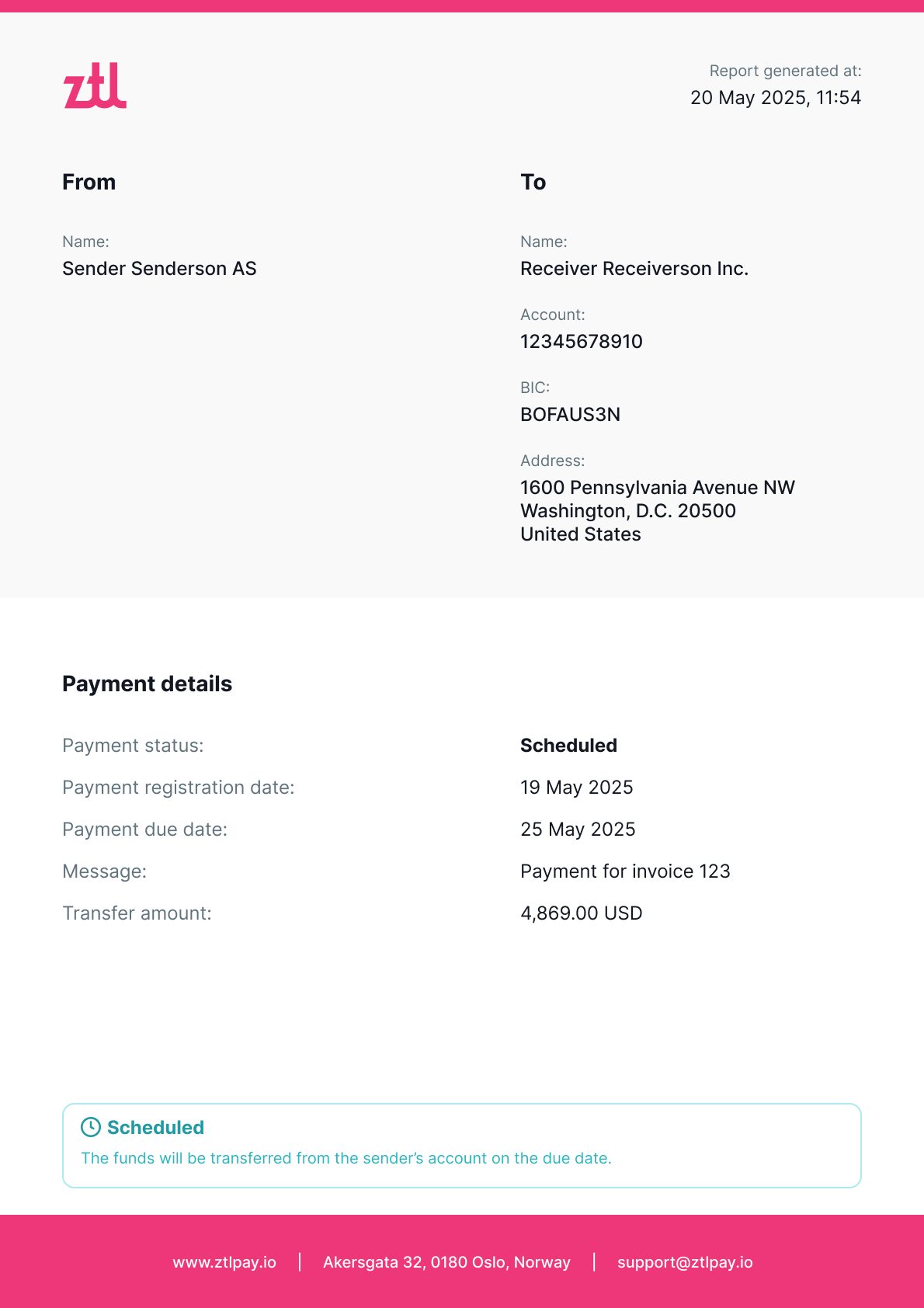 Synthetic payment-progress PDF example showing Scheduled