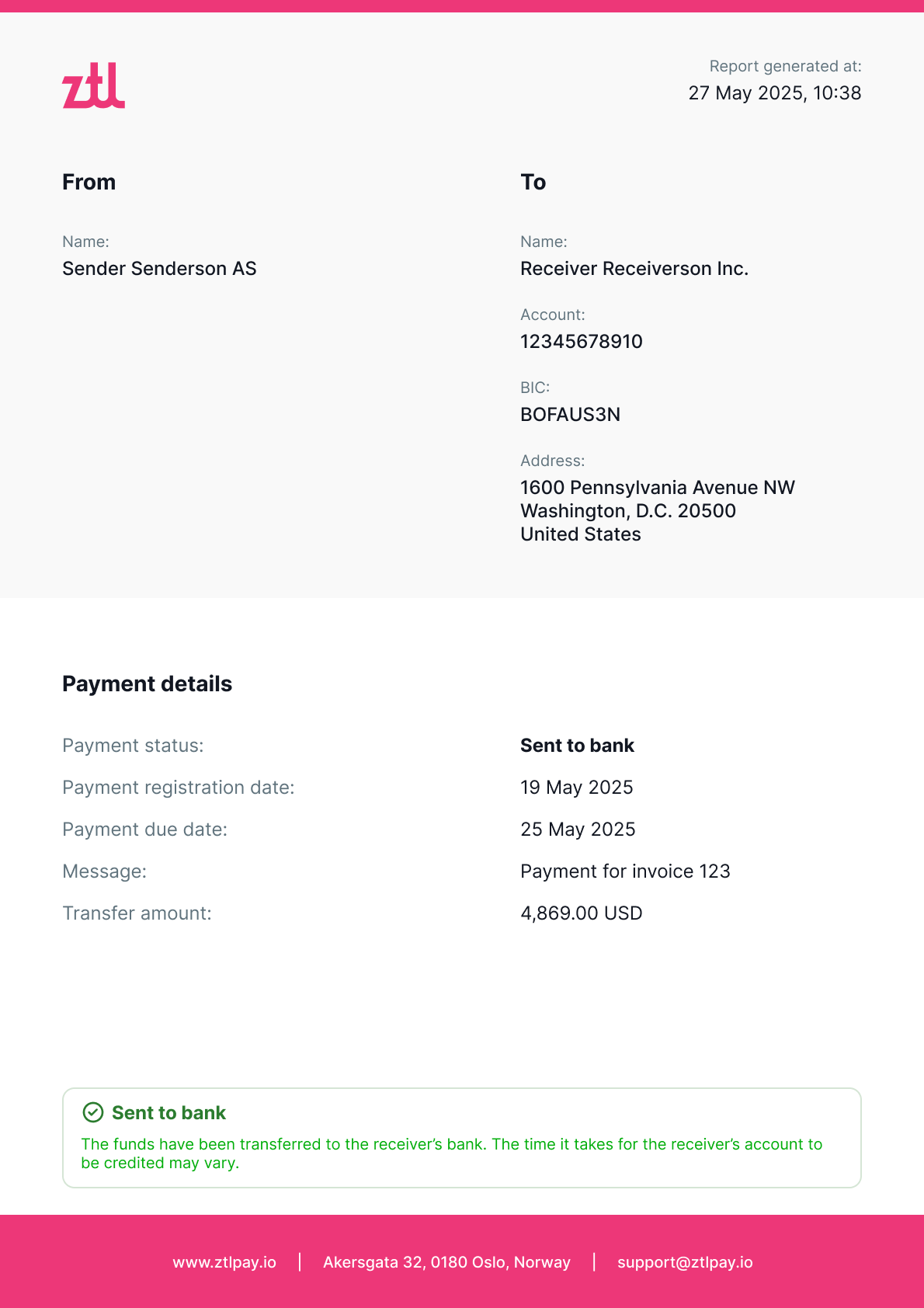 Synthetic payment-progress PDF example showing Sent to bank